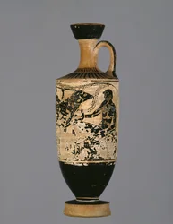 Attische schwarzfigurige Lekythos, dekoriert mit Odysseus, der dem Zyklopen Polyphemus entkommt, vom Theseus-Maler, um 500-450 v. Chr.